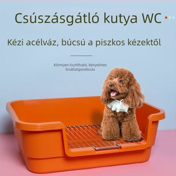 Műanyag tálcás kutyatoalett fémhálós kerettel, fröccsenés elleni védelemmel, kis- és közepes testű kutyáknak.