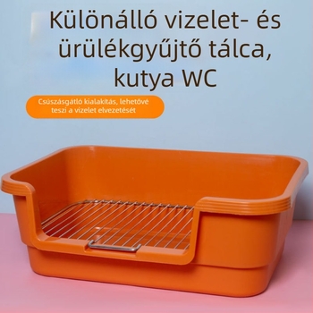 Műanyag tálcás kutyatoalett fémhálós kerettel, fröccsenés elleni védelemmel, kis- és közepes testű kutyáknak.