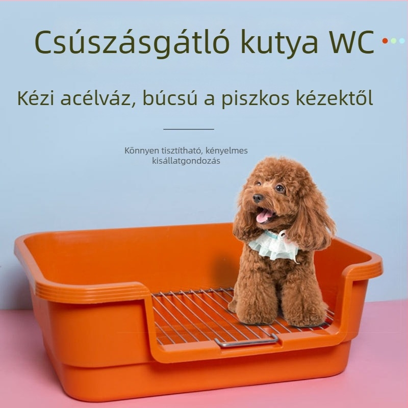 Műanyag tálcás kutyatoalett fémhálós kerettel, fröccsenés elleni védelemmel, kis- és közepes testű kutyáknak.