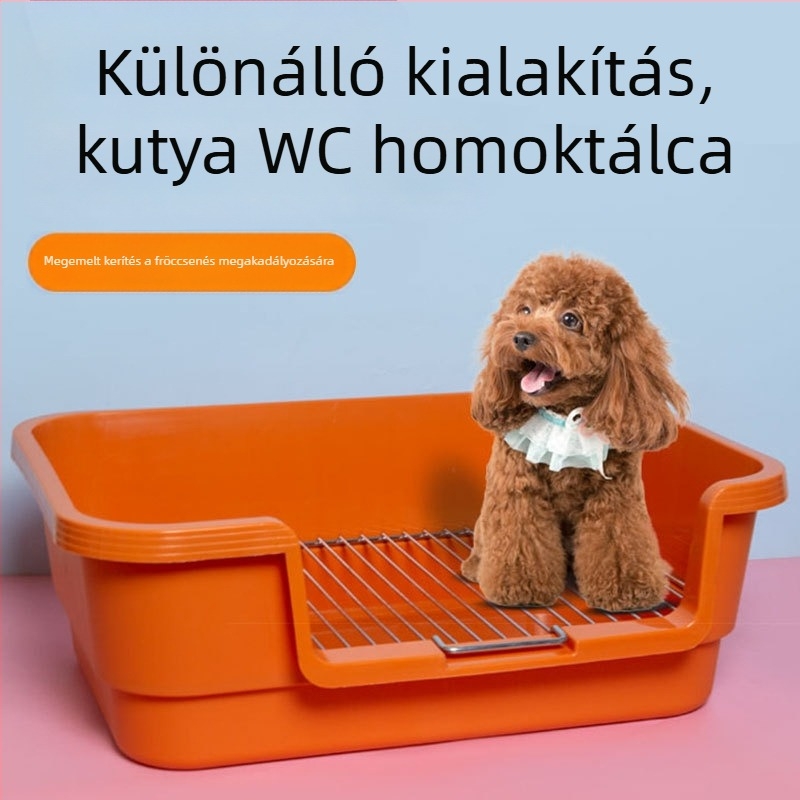 Műanyag tálcás kutyatoalett fémhálós kerettel, fröccsenés elleni védelemmel, kis- és közepes testű kutyáknak.