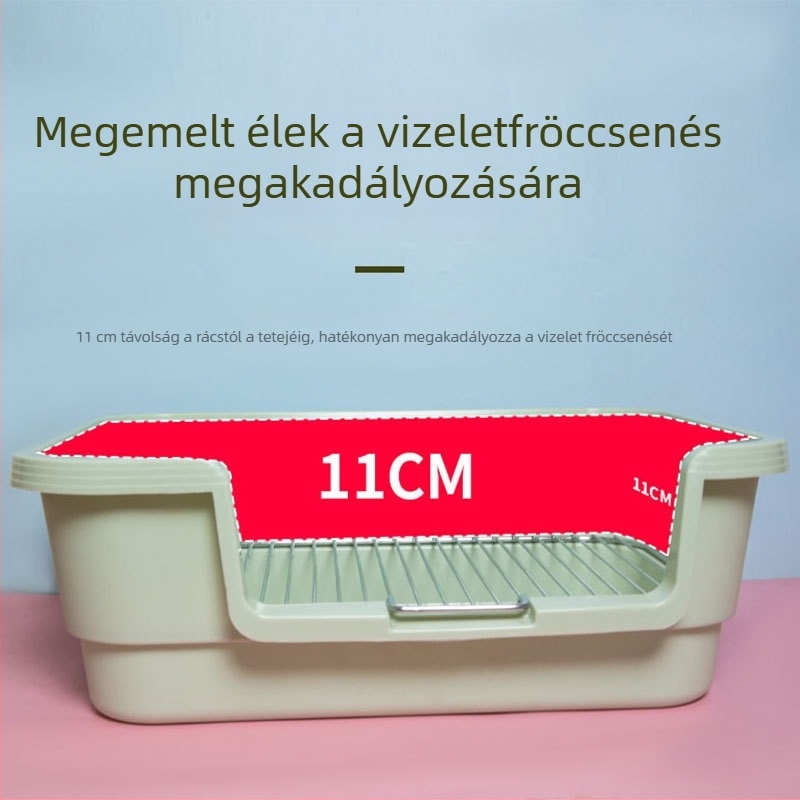 Műanyag tálcás kutyatoalett fémhálós kerettel, fröccsenés elleni védelemmel, kis- és közepes testű kutyáknak.