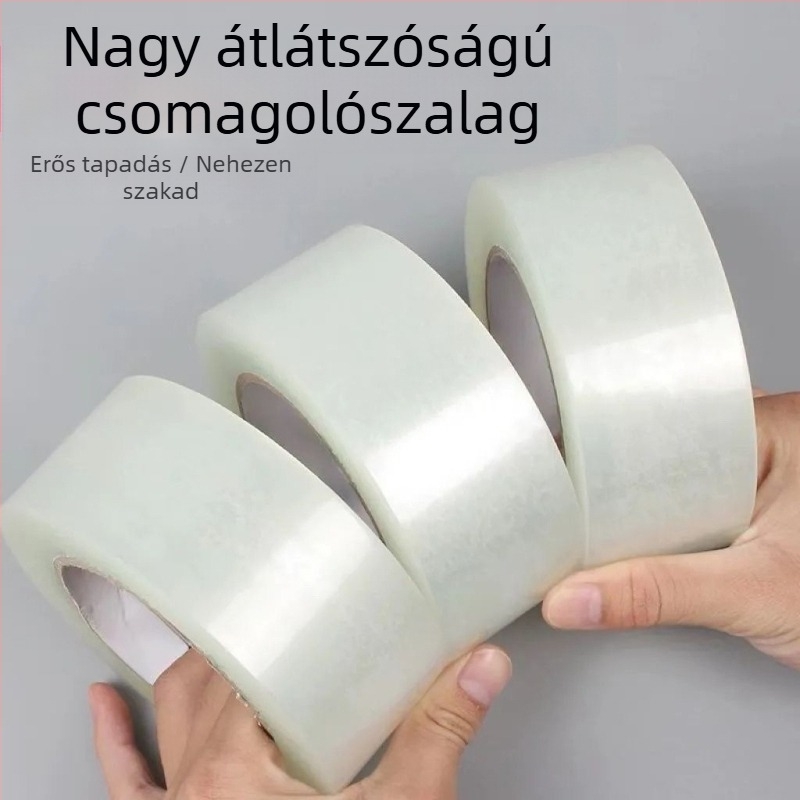Átlátszó csomagoló szalag, szélesség 4,5 cm vagy 4,2 cm, magas viszkozitású PP ragasztószalag, hosszok 34 m / 102 m / 170 m.