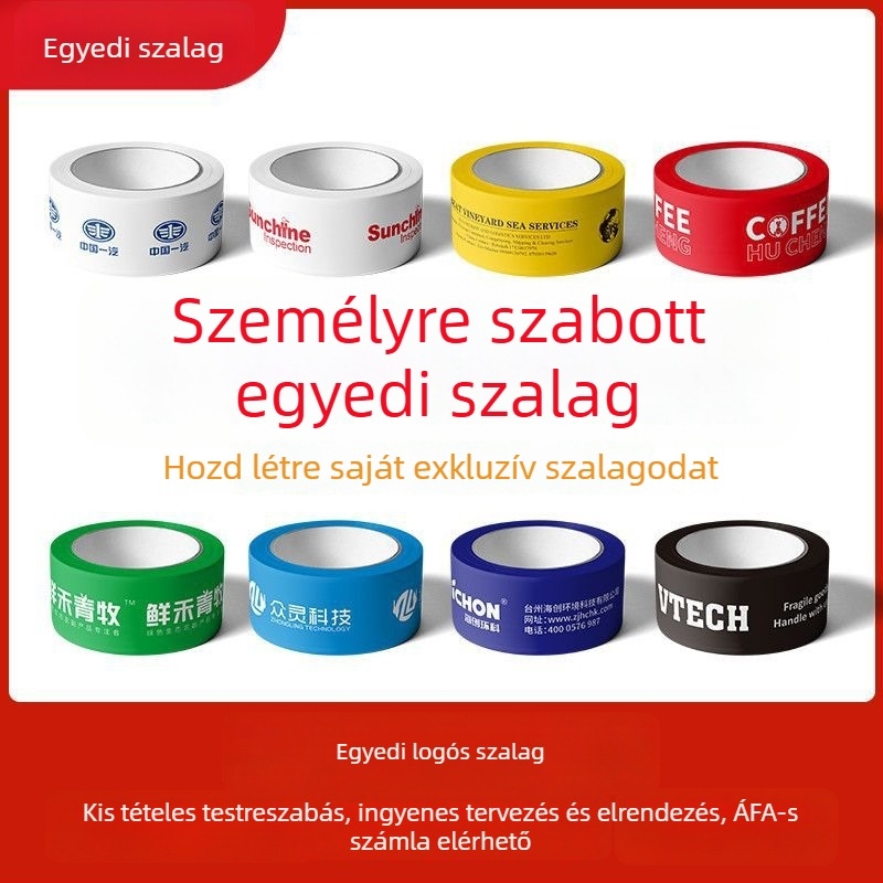 Logónyomtatással ellátott csomagoló szalag, szövegmintával, átlátszó, teljes színű