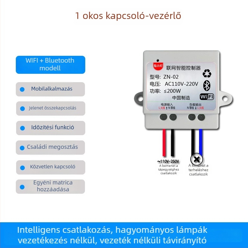 Okos kapcsoló Wi‑Fi és Bluetooth duál‑módú, 220V, lámpák és ventilátorok vezérlése mobilalkalmazáson keresztül