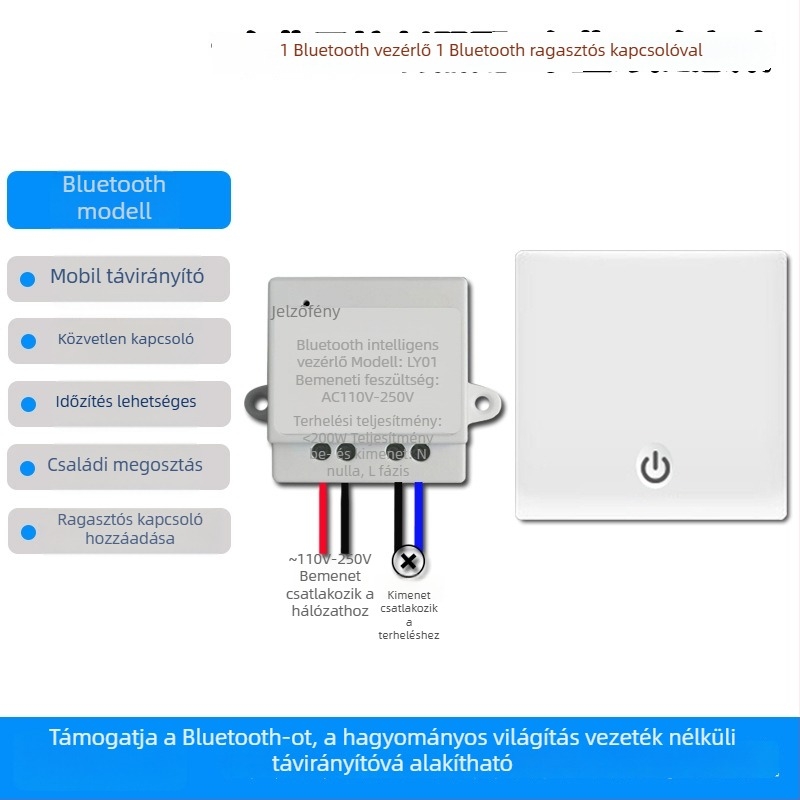 Okos kapcsoló Wi‑Fi és Bluetooth duál‑módú, 220V, lámpák és ventilátorok vezérlése mobilalkalmazáson keresztül
