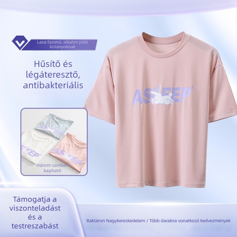 Gyerekeknek készült kereknyakú, rövid ujjú felső, karikatúra mintával, hűsítő antibakteriális anyagból.