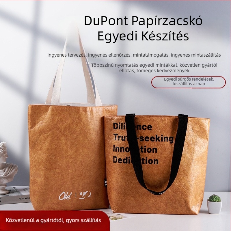DuPont papírzacskók egyedi logóval — vintage stílusú bevásárló vászontáska, szakadásálló, mosható, környezetbarát kraft papír