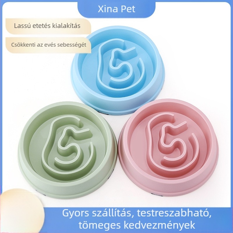 Macska- és kutya lassú etetésre szolgáló tál, fulladás elleni védelem, csúszásmentes aljzat