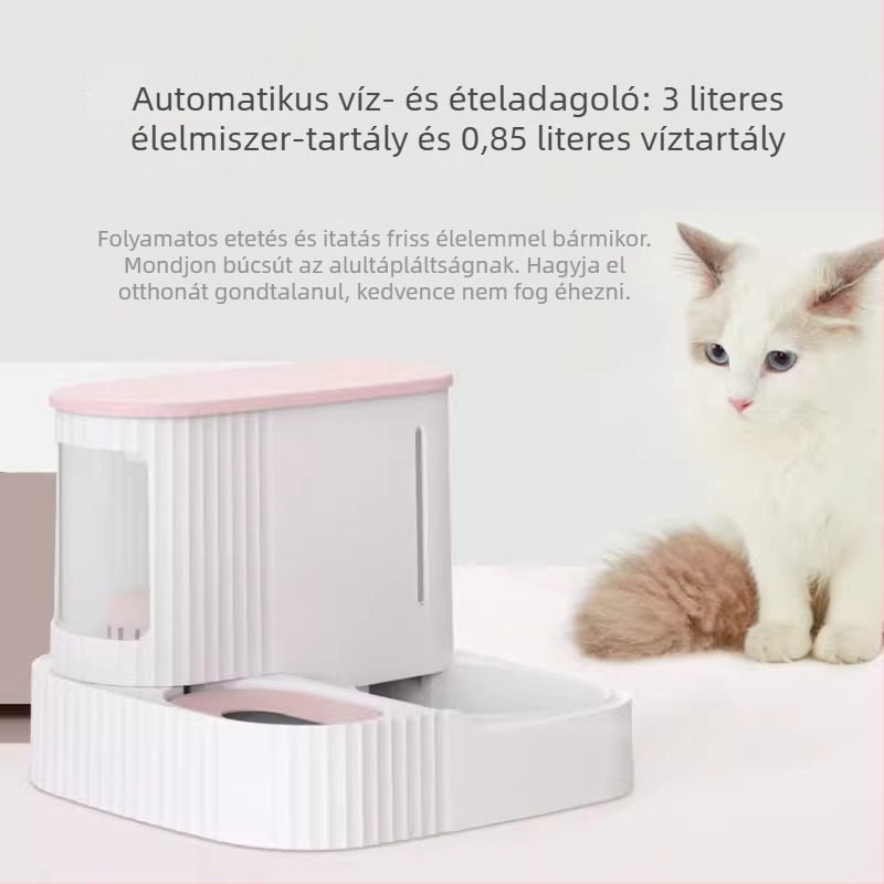 Két tálas etető macskáknak és kutyáknak, automata víz- és ételadagolóval