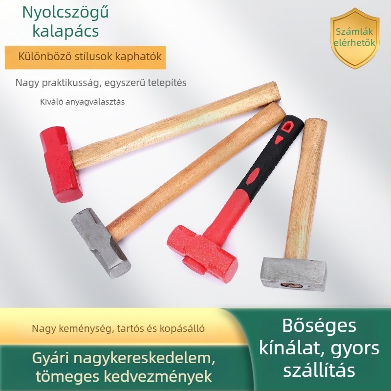 Nyolcszögletű kalapács magas széntartalmú acél fejjel, fa-gumi nyéllel, ütésálló