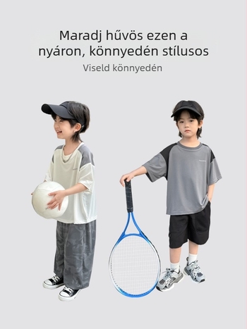 Hai Ma's House fiúknak gyorsan száradó rövid ujjú póló, nyár 2026, gyerekeknek sportos felső, kerek nyak, koreai stílus, egyszínű felirattal