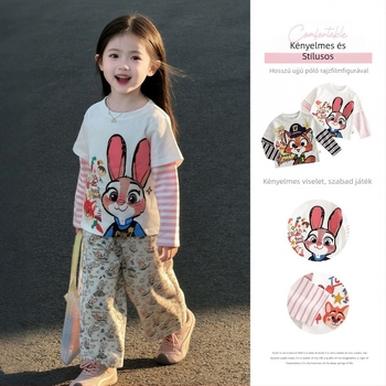 Gyermekeknek szóló hosszú ujjú csíkos felső hamis kétrészes kinézettel
