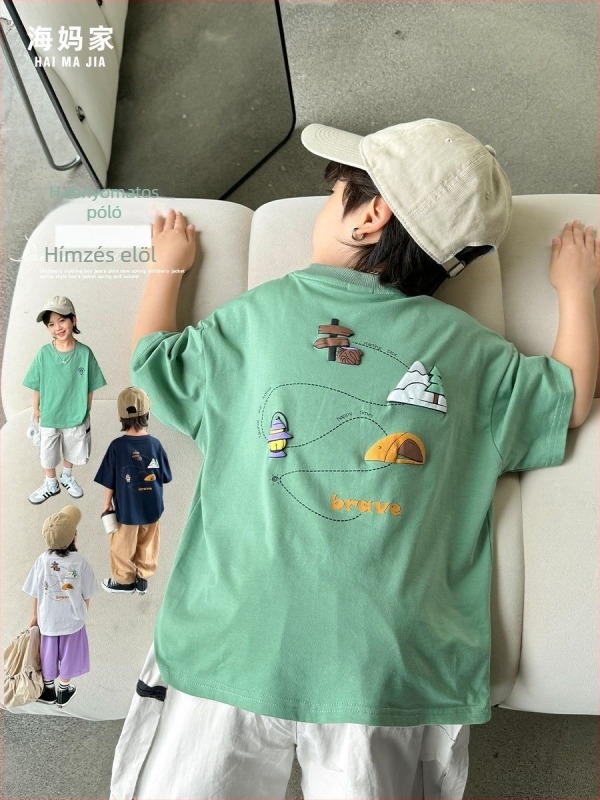 Hai Ma's House Nyár 2026 pamut rövid ujjú T-shirt habnyomásos mintával, gyerekeknek, koreai stílusú ruha