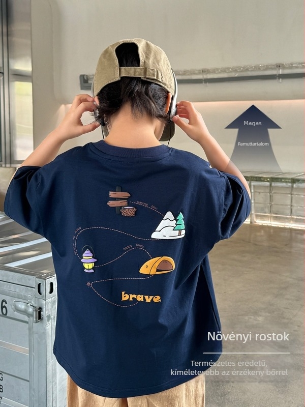 Hai Ma's House Nyár 2026 pamut rövid ujjú T-shirt habnyomásos mintával, gyerekeknek, koreai stílusú ruha