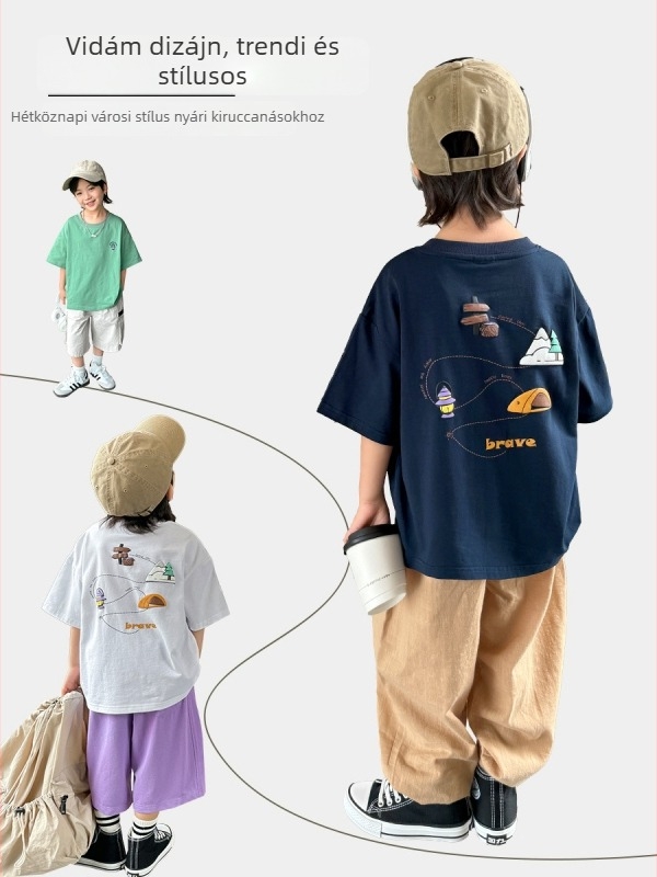 Hai Ma's House Nyár 2026 pamut rövid ujjú T-shirt habnyomásos mintával, gyerekeknek, koreai stílusú ruha