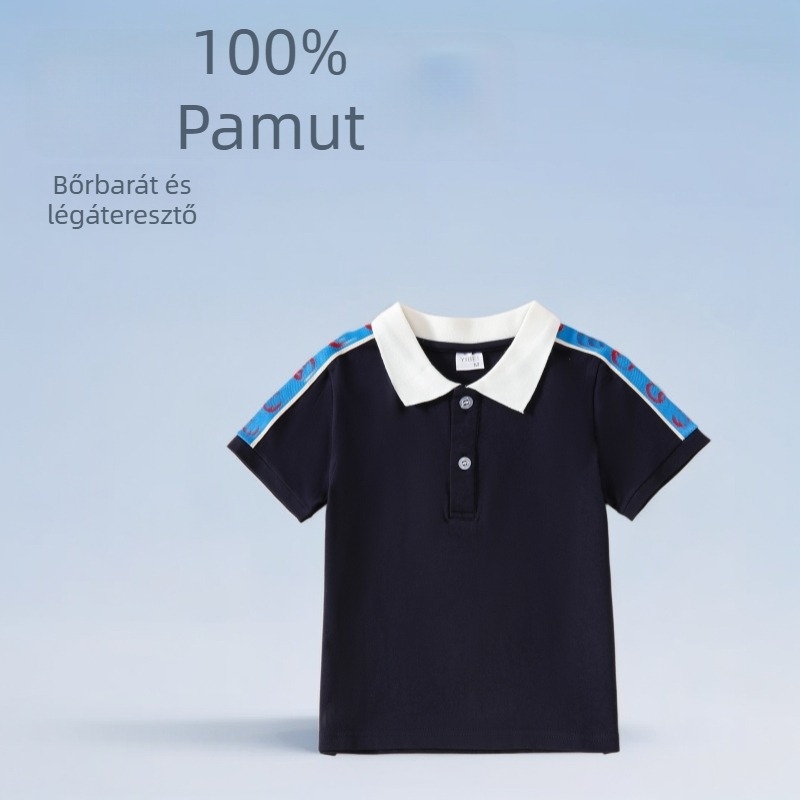 Gyerekeknek készült 100% pamut póló rövid ujjú, galléros, uniszex, nyár 2025, új modell