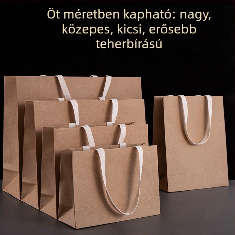 Kraft papírtáska zsinóros fogantyúval, logónyomtatással, ajándékcsomagolás ruházati bolt számára