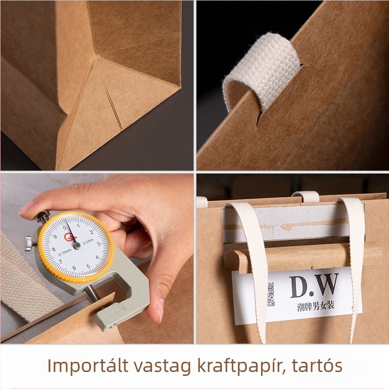 Kraft papírtáska zsinóros fogantyúval, logónyomtatással, ajándékcsomagolás ruházati bolt számára