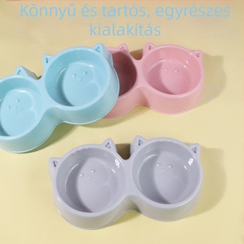 Macskaarcú dupla tál macaron színekben — műanyag etető és macska ételtál, felborulás elleni kialakítás