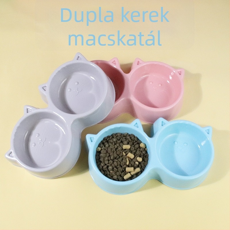 Macskaarcú dupla tál macaron színekben — műanyag etető és macska ételtál, felborulás elleni kialakítás