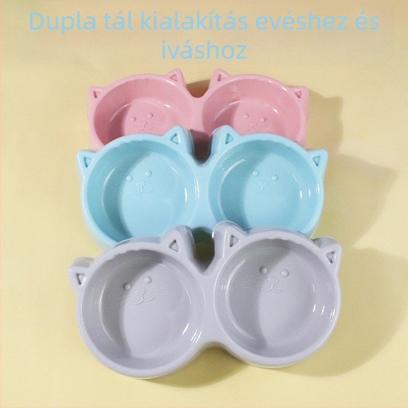 Macskaarcú dupla tál macaron színekben — műanyag etető és macska ételtál, felborulás elleni kialakítás