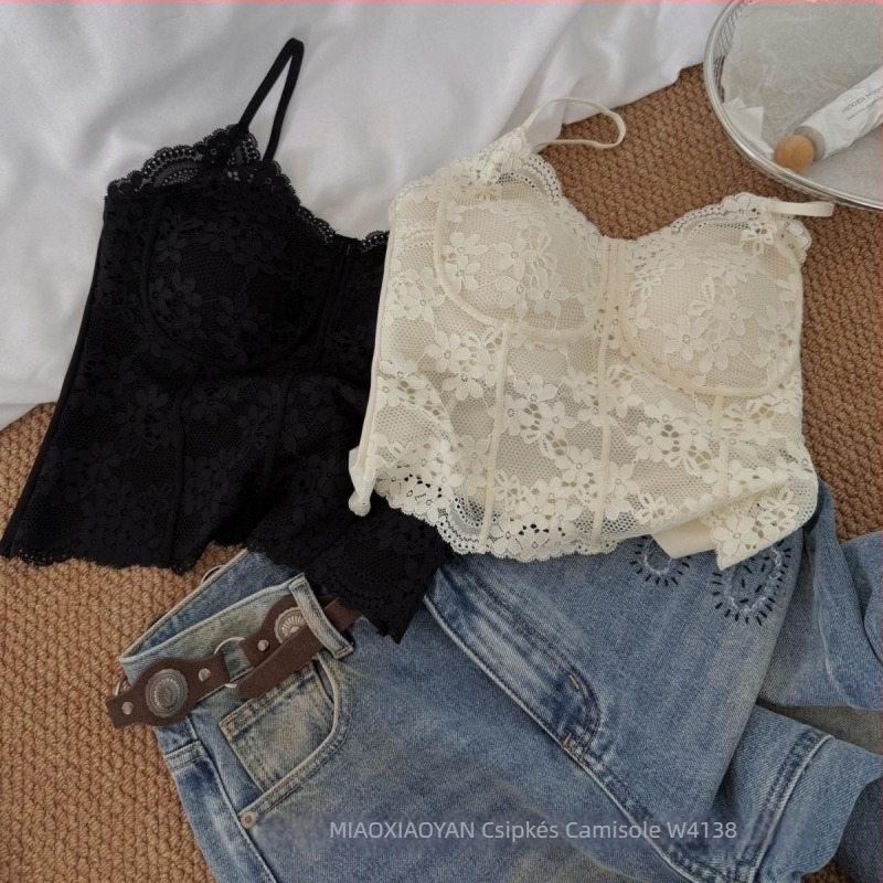 Meow Xiaoyan W4138 Csipkés camisole beépített melltartó párnákkal, Francia stílus, karcsú szabás, szép hátsó rész nőknek