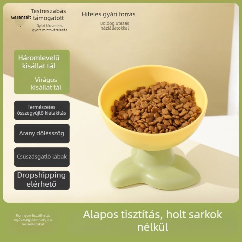 Új modell háziállat-tál macskáknak és kutyáknak nyakvédővel, anti-tippel, magas talpas tál háromlevelű virág mintával és ferde szájjal
