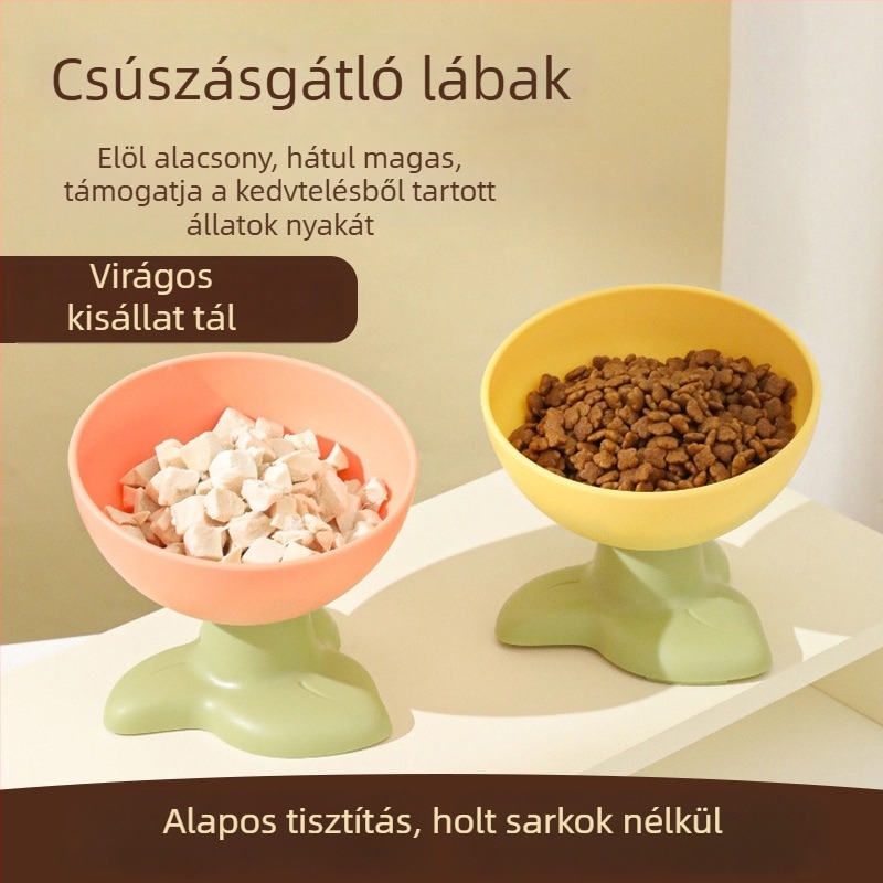 Új modell háziállat-tál macskáknak és kutyáknak nyakvédővel, anti-tippel, magas talpas tál háromlevelű virág mintával és ferde szájjal