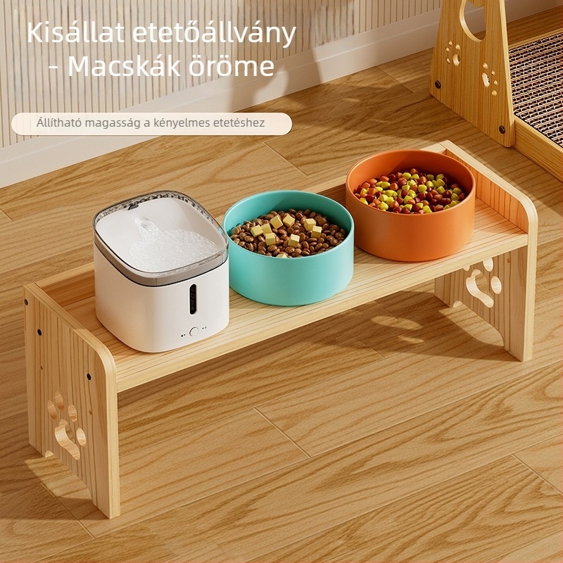 Emelt etetőasztal háziállatoknak állítható magassággal és tál tartóval, macskáknak és kutyáknak