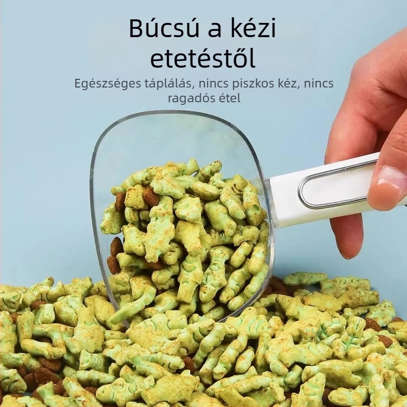 Macskatáp kanál zárófedéllel, hosszú nyelű klippel, mérőedény skálával, nagy méretű kutyatáp kanál