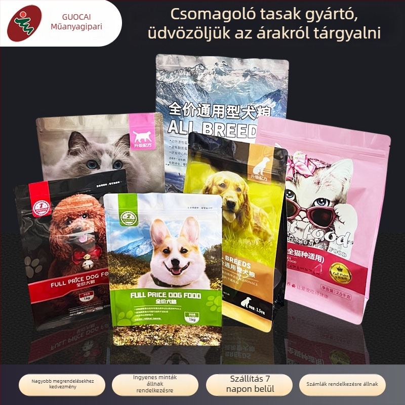 Egyedi macska- és kutyaeledel csomagoló tasak, nyolcszárnyú zárás, alumínium fóliával, önzáró cipzárral, jutalomfalatokhoz