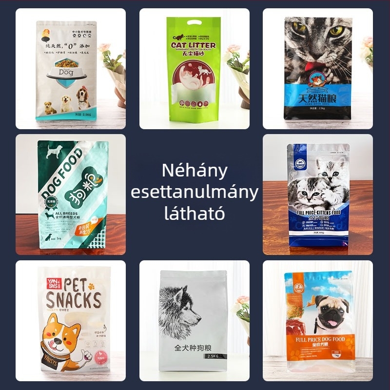 Egyedi macska- és kutyaeledel csomagoló tasak, nyolcszárnyú zárás, alumínium fóliával, önzáró cipzárral, jutalomfalatokhoz