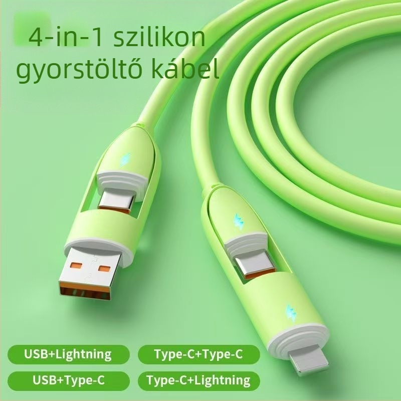 Folyékony szilikonból készült gyors töltésű négy az egyben adatkábel Lightning és USB-C csatlakozókkal, 65W, lila