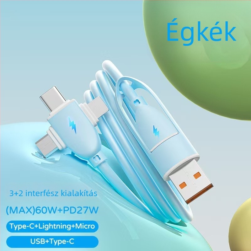 Folyékony szilikonból készült gyors töltésű négy az egyben adatkábel Lightning és USB-C csatlakozókkal, 65W, lila