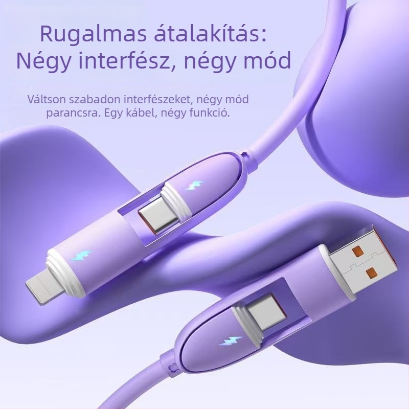 Folyékony szilikonból készült gyors töltésű négy az egyben adatkábel Lightning és USB-C csatlakozókkal, 65W, lila