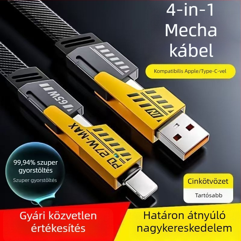 Folyékony szilikonból készült gyors töltésű négy az egyben adatkábel Lightning és USB-C csatlakozókkal, 65W, lila