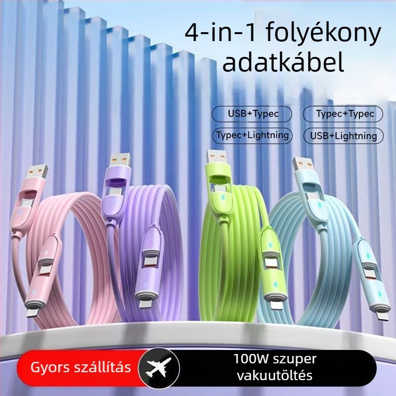 Folyékony szilikonból készült gyors töltésű négy az egyben adatkábel Lightning és USB-C csatlakozókkal, 65W, lila