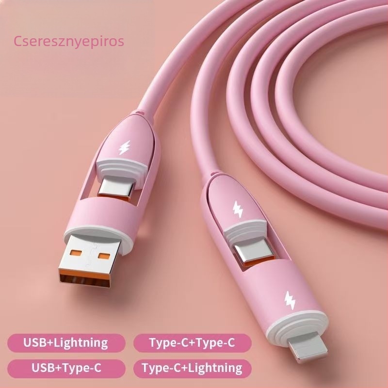 Folyékony szilikonból készült gyors töltésű négy az egyben adatkábel Lightning és USB-C csatlakozókkal, 65W, lila