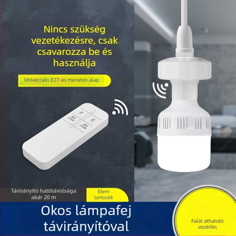 Vezeték nélküli távirányítós E27-es lámpatartó, univerzális 220V-os okosotthon kapcsolóval és hálószobai LED-izzóval