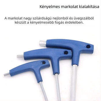 T-nyelvű hatszögletű imbuszkulcs, kézi használatra, méretek 2, 5 és 10 mm, golyófejű és lapos végű