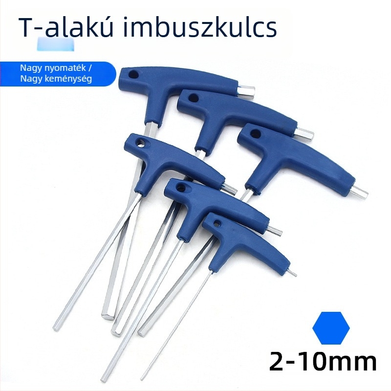 T-nyelvű hatszögletű imbuszkulcs, kézi használatra, méretek 2, 5 és 10 mm, golyófejű és lapos végű
