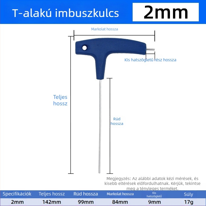 T-nyelvű hatszögletű imbuszkulcs, kézi használatra, méretek 2, 5 és 10 mm, golyófejű és lapos végű