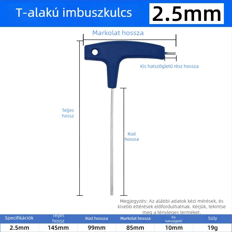 T-nyelvű hatszögletű imbuszkulcs, kézi használatra, méretek 2, 5 és 10 mm, golyófejű és lapos végű
