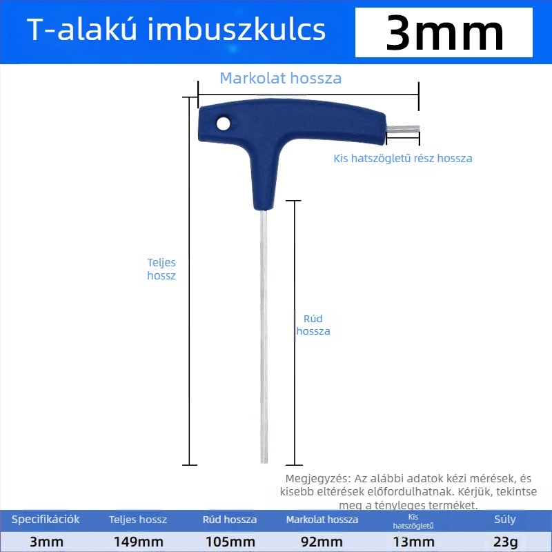 T-nyelvű hatszögletű imbuszkulcs, kézi használatra, méretek 2, 5 és 10 mm, golyófejű és lapos végű