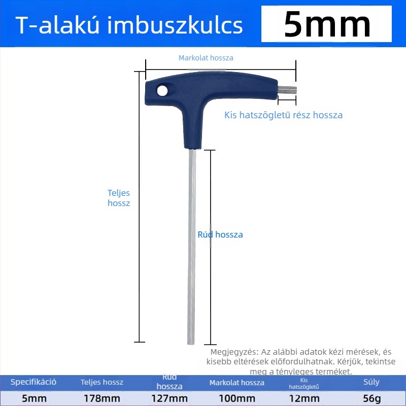 T-nyelvű hatszögletű imbuszkulcs, kézi használatra, méretek 2, 5 és 10 mm, golyófejű és lapos végű
