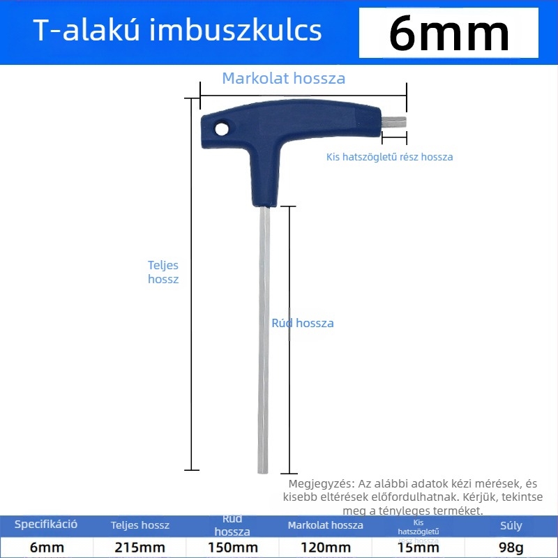 T-nyelvű hatszögletű imbuszkulcs, kézi használatra, méretek 2, 5 és 10 mm, golyófejű és lapos végű