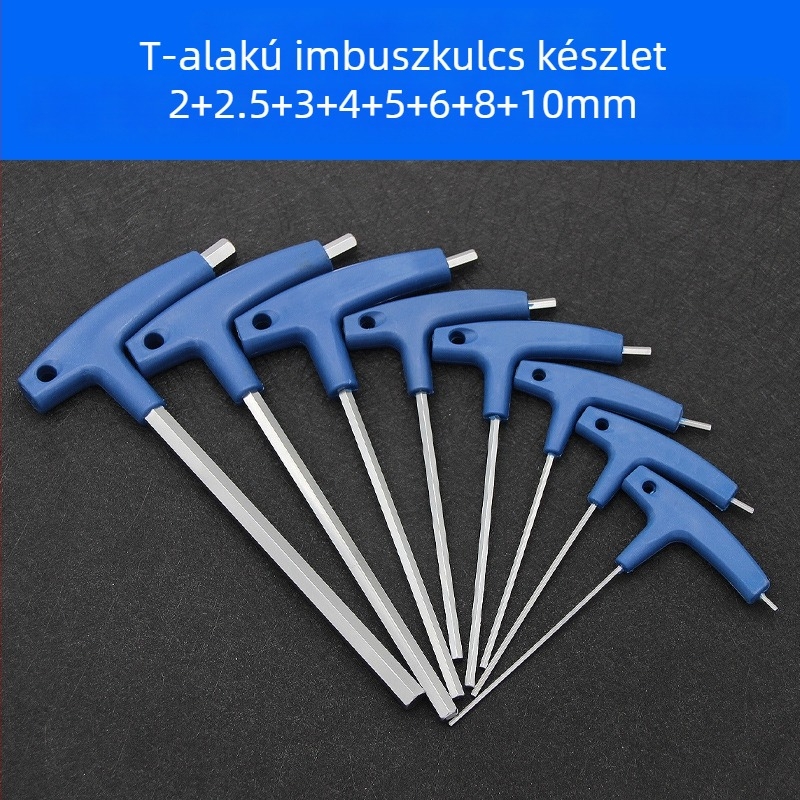 T-nyelvű hatszögletű imbuszkulcs, kézi használatra, méretek 2, 5 és 10 mm, golyófejű és lapos végű