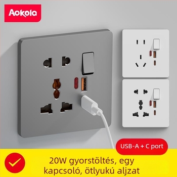 AOKOLa 86-os típusú aljzat kapcsolóval, Type-C porttal és USB gyorstöltéssel, rejtett beépítésű ötpólusú aljzat