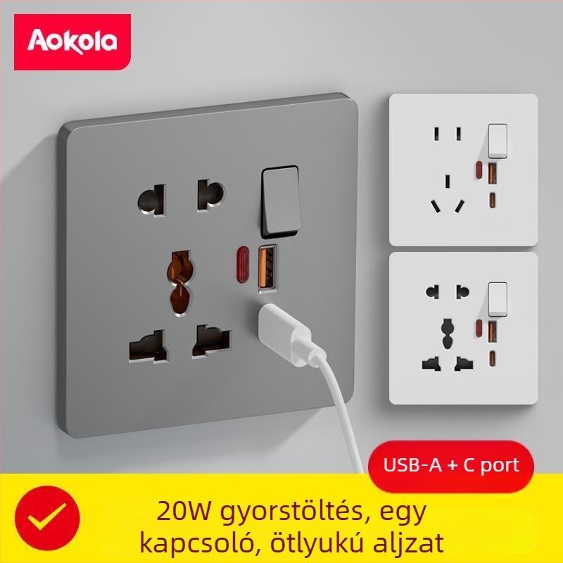 AOKOLa 86-os típusú aljzat kapcsolóval, Type-C porttal és USB gyorstöltéssel, rejtett beépítésű ötpólusú aljzat