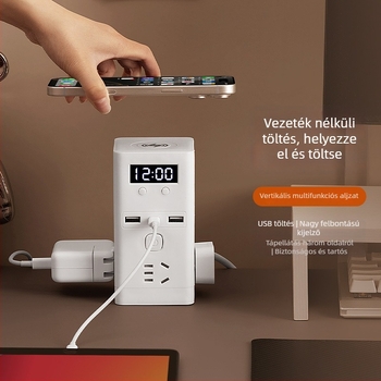 Vezeték nélküli töltésű függőleges USB-elosztó, többfunkciós asztali csatlakozó hosszú kábellel
